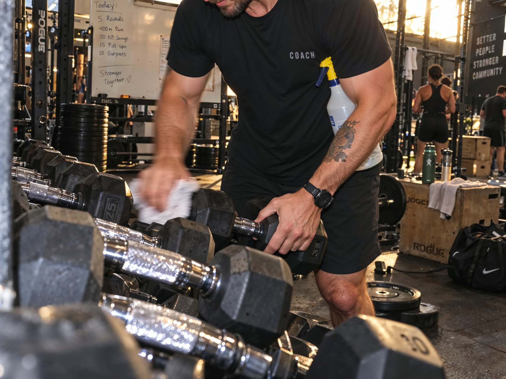 A gym coach wiping down dumbbells on the rack