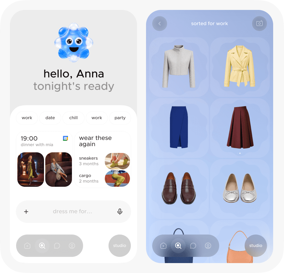 search by occasion work, date, chill, trip, party with a feed of looks and a grid of garments