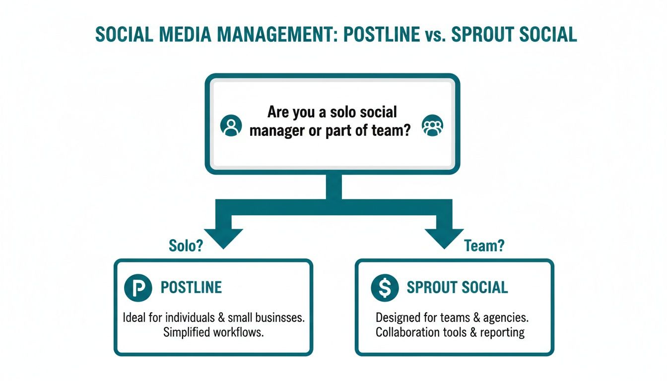 A flowchart compares Postline vs. Sprout Social for social media managers, based on solo or team use.