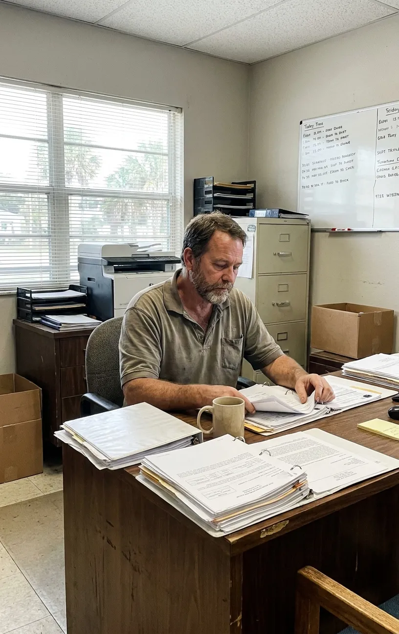 Man at desk reviewing files, RockN' Socials Digital Marketing Agency office.