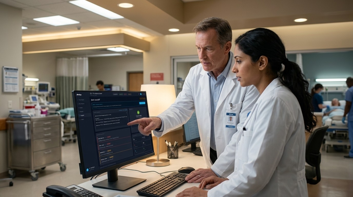 Two physicians at a workstation, one pointing at a patient record on the Prio dashboard
