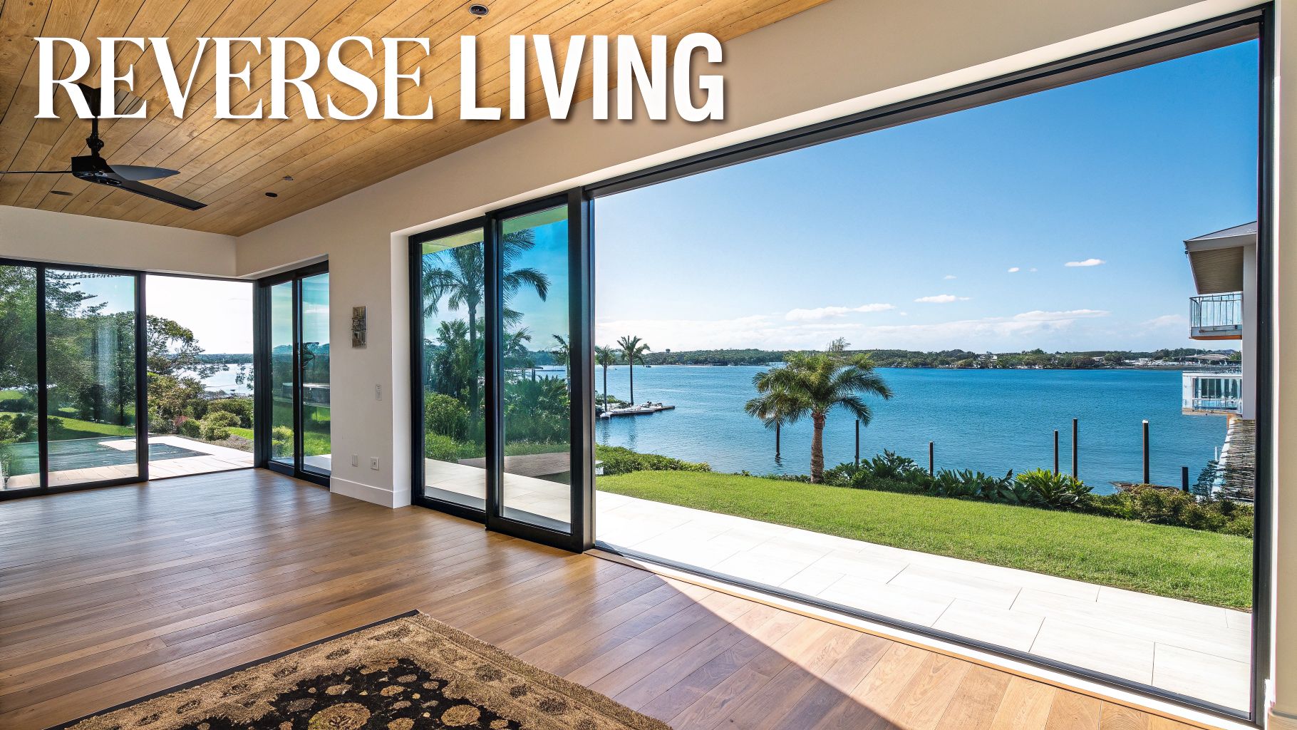 Modern room with wood floors, large glass doors opening to a sunny waterfront view with palm trees.