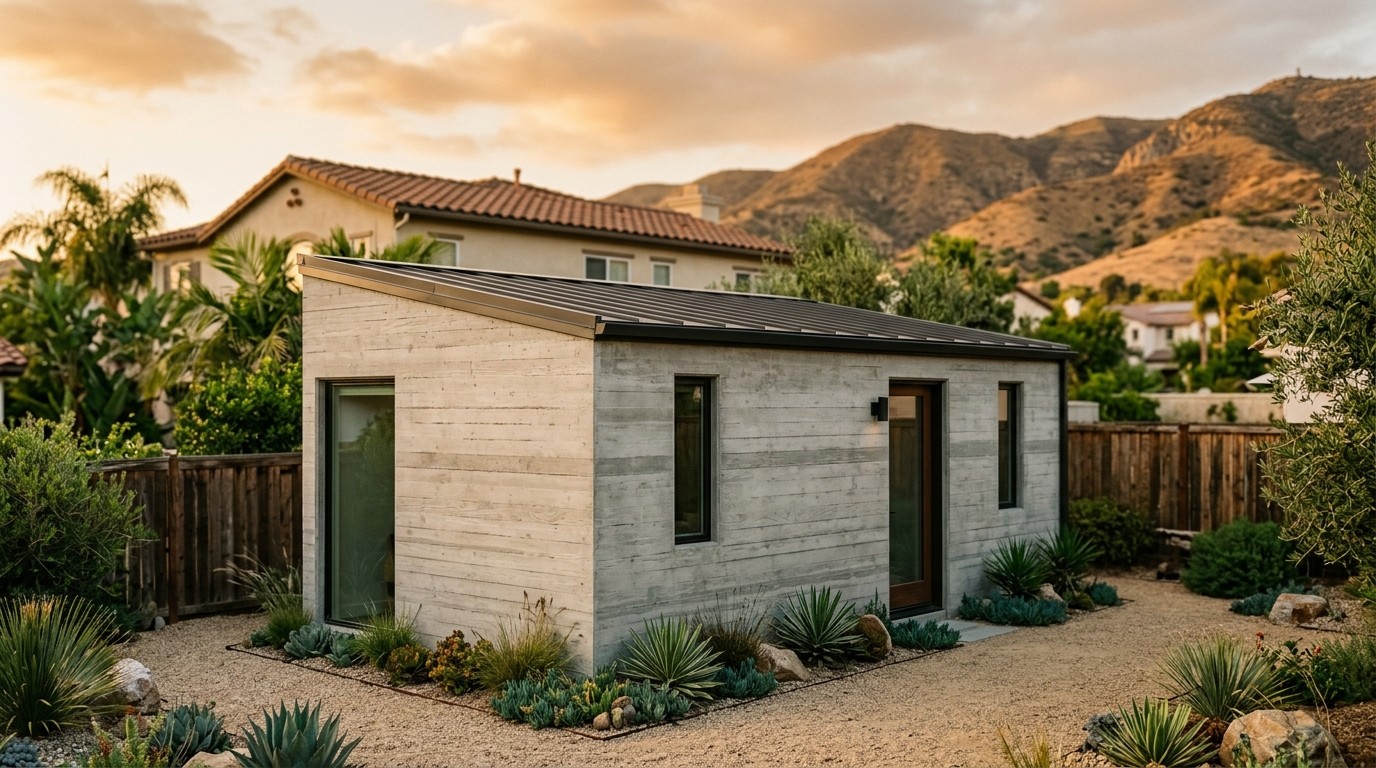 Builtech Construction Group - modern concrete adu california backyard suburban dusk