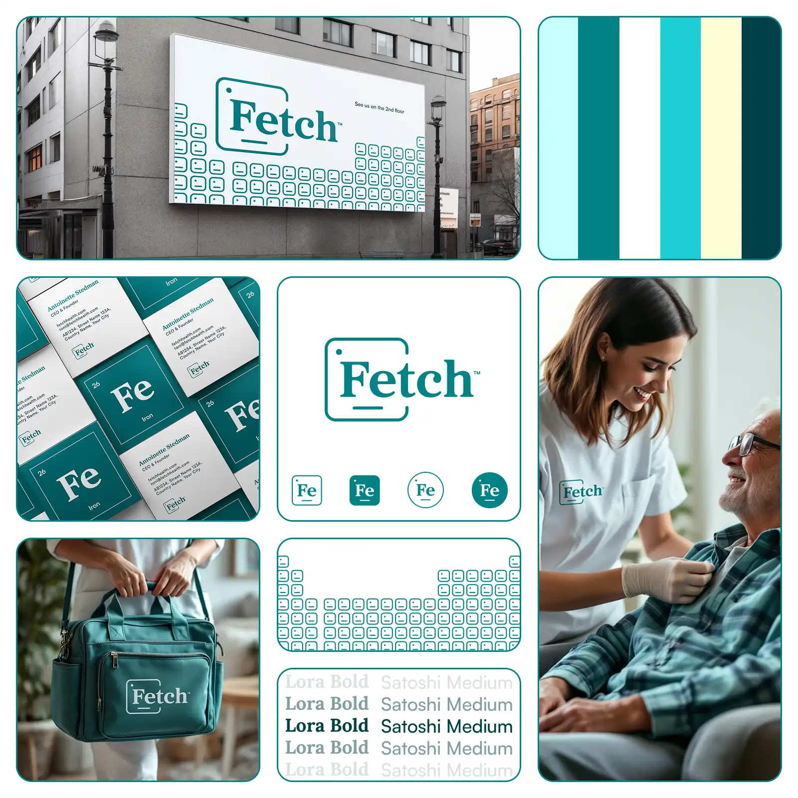 Fetch brand identity board with a teal palette, logo variants, typography, and branded applications.