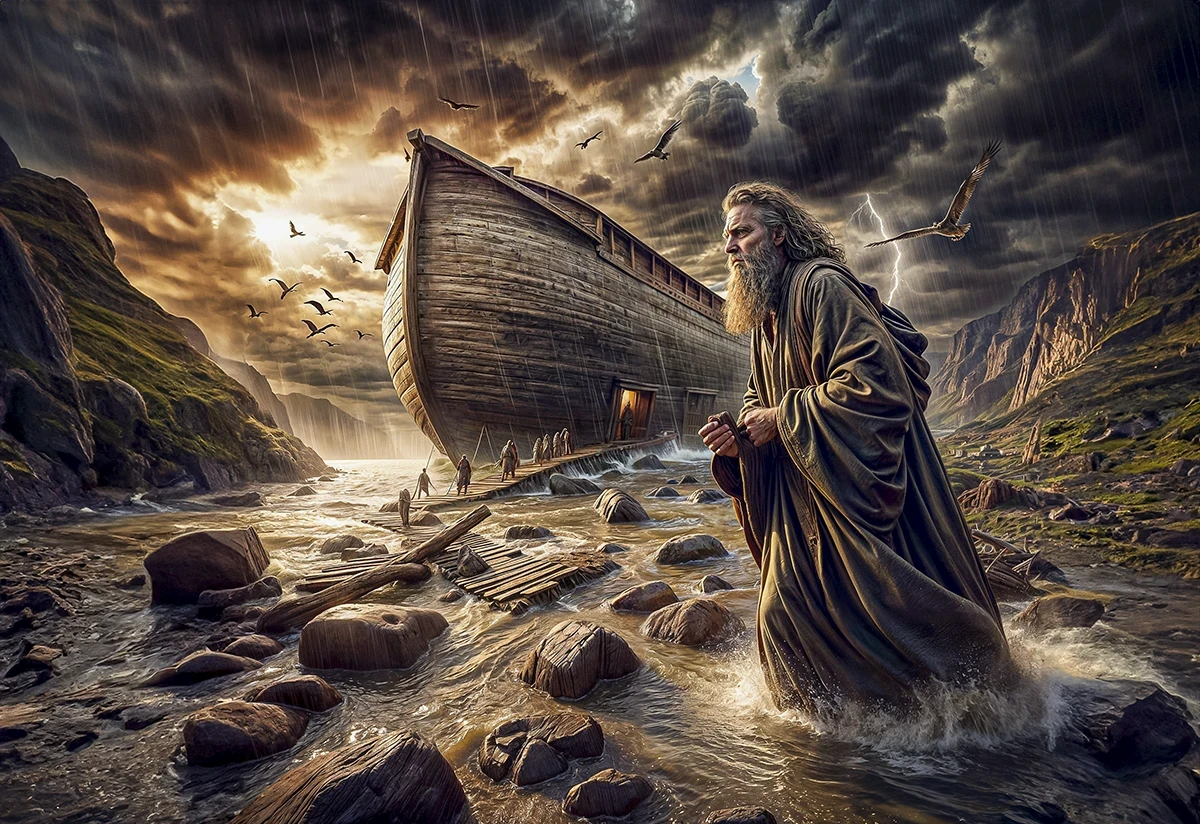 Illustration of Noah in front of the Ark.