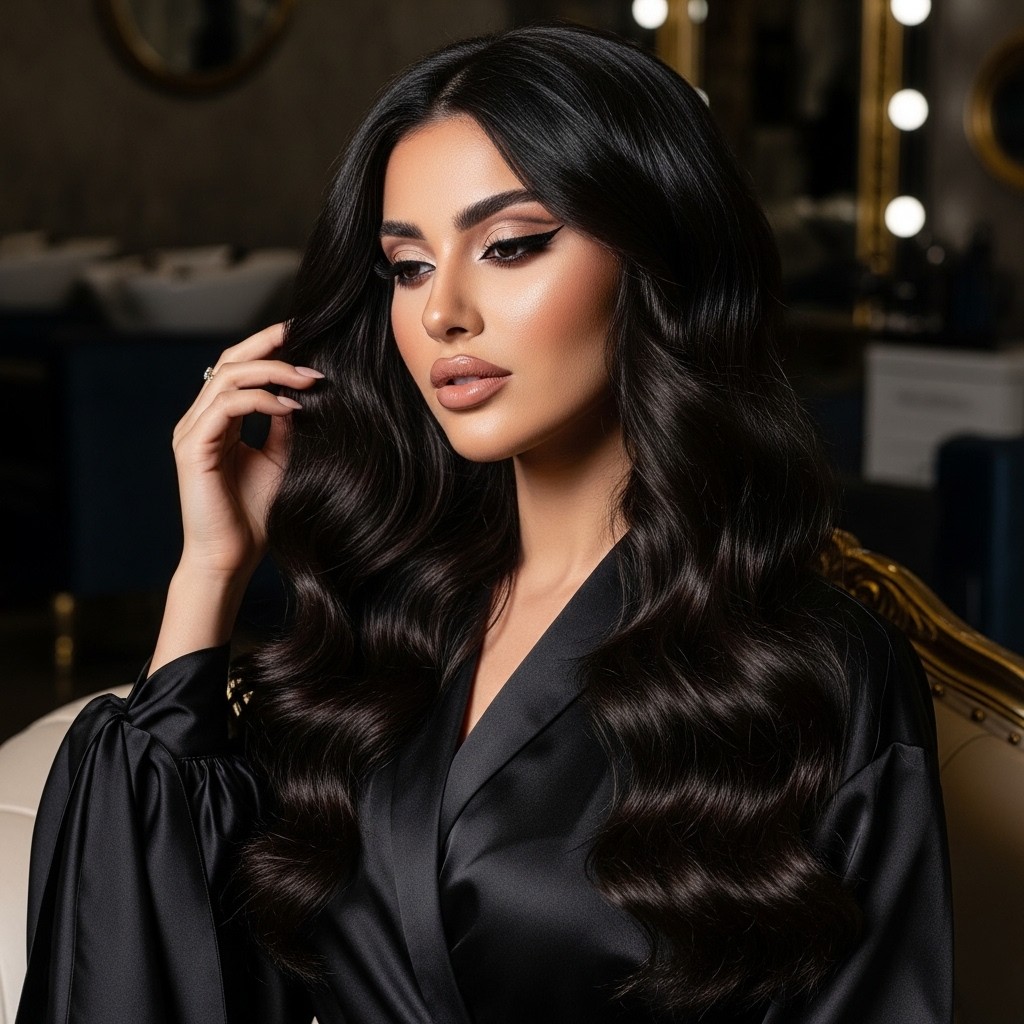 Glamorous woman with long, wavy black hair and bold makeup wearing a black silk robe in a salon with vanity lights.
