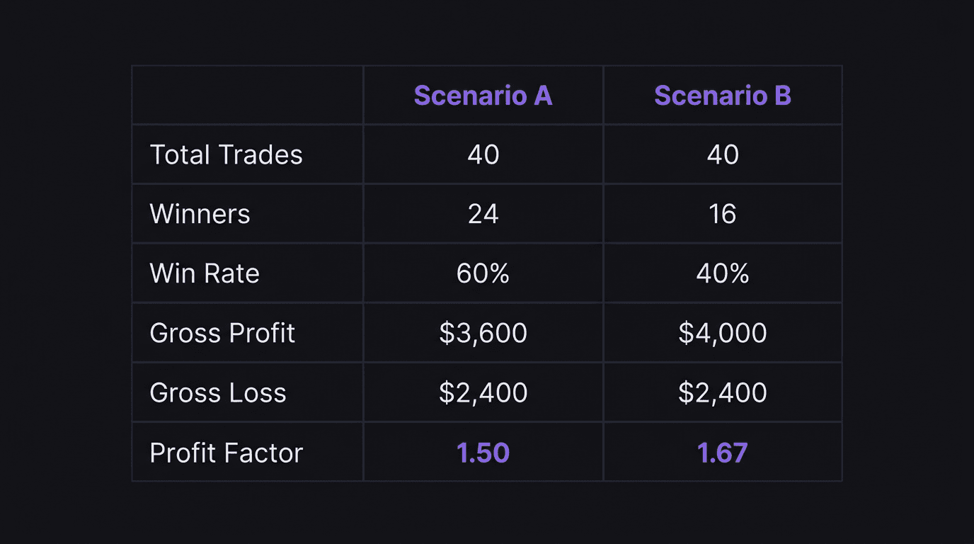Comparison table showing two trading scenarios with different win rates but similar profit factors