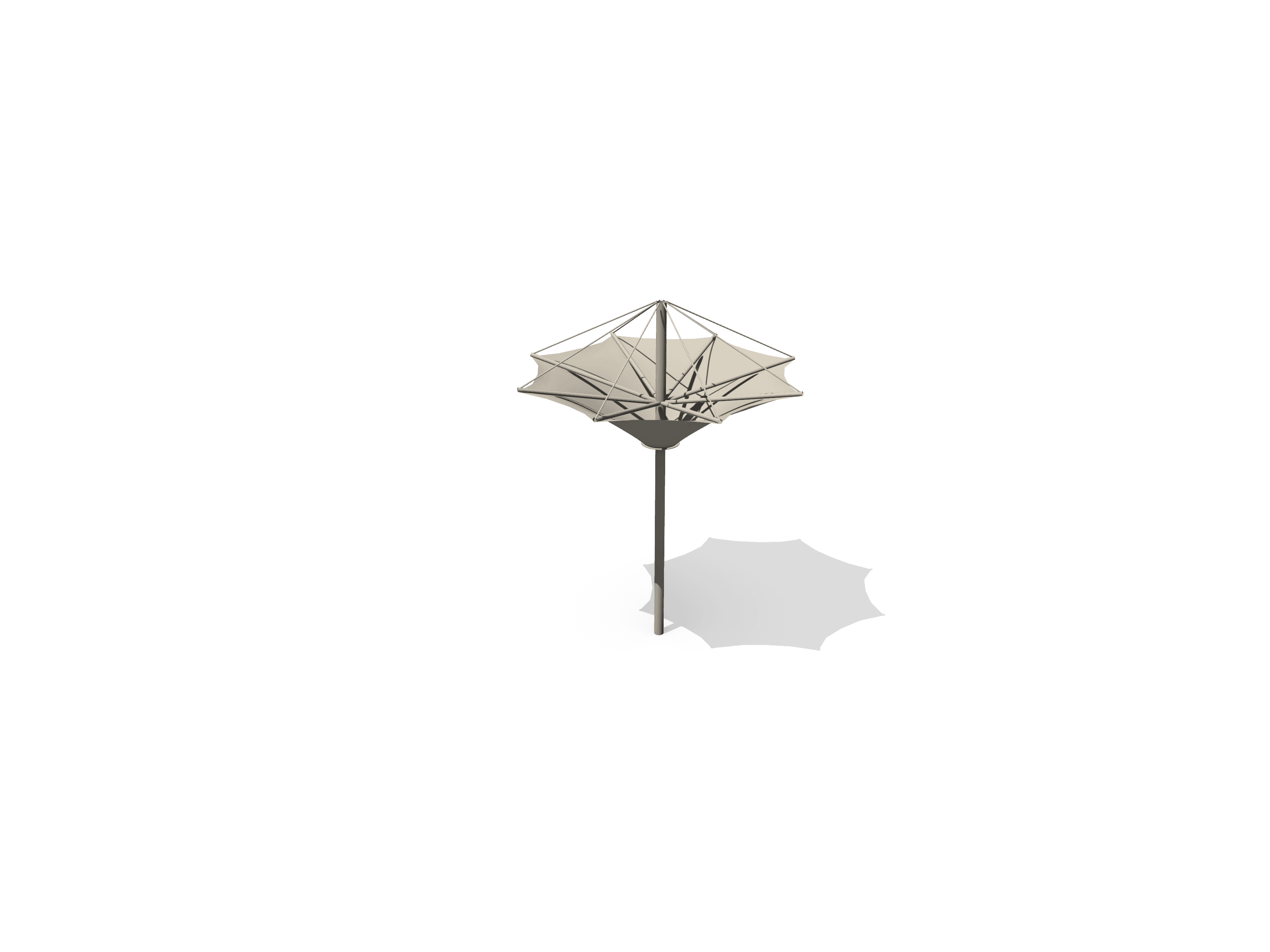 Three-dimensional model of an open umbrella casting a shadow at 12 PM