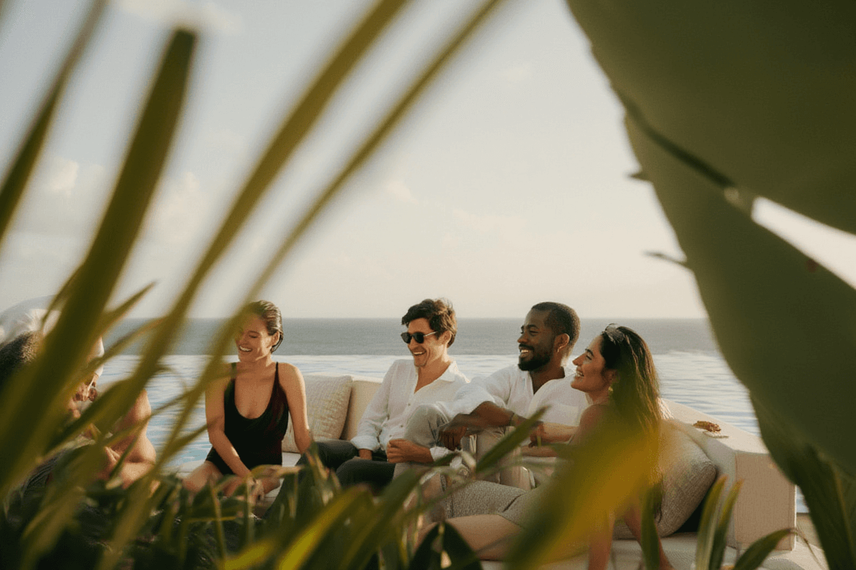Three guests dining at an outdoor terrace overlooking the sea
