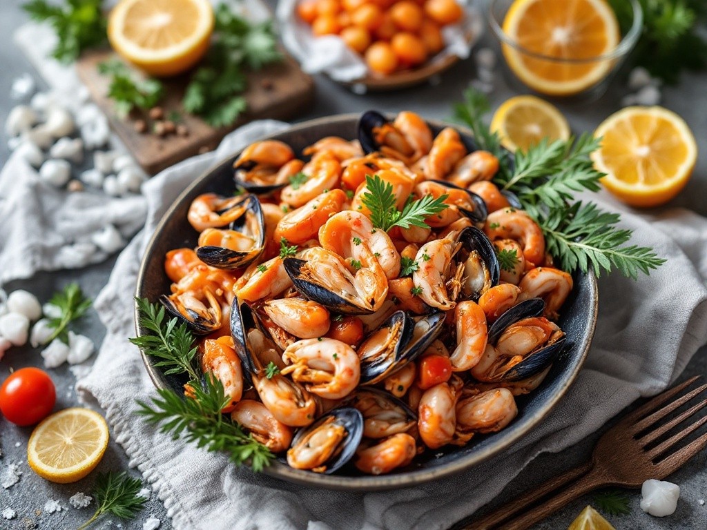 A delicious bowl of seafood, including mussels and shrimp, seasoned with herbs and spices.