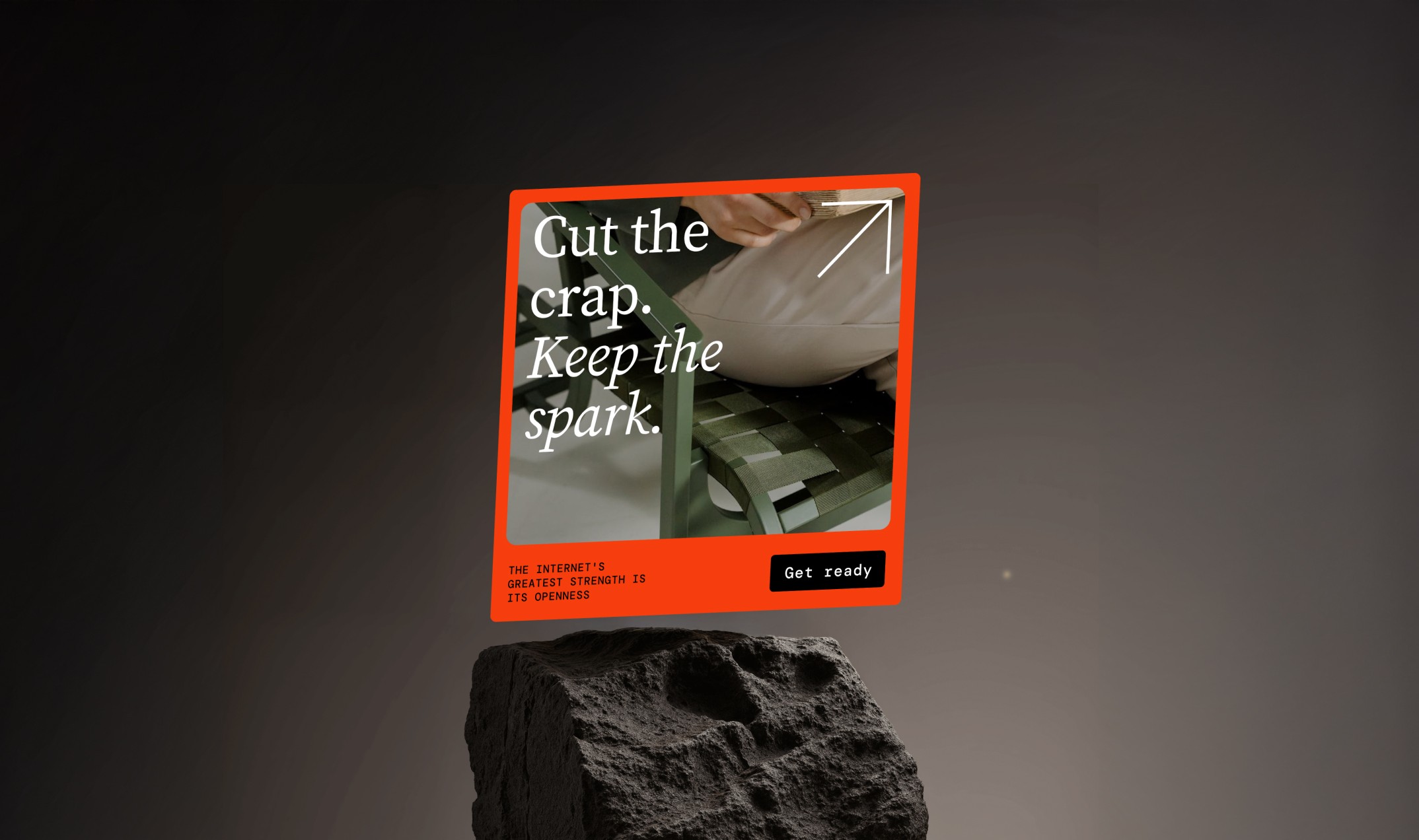 ロゴとCTAが岩の上に立っている広告の例