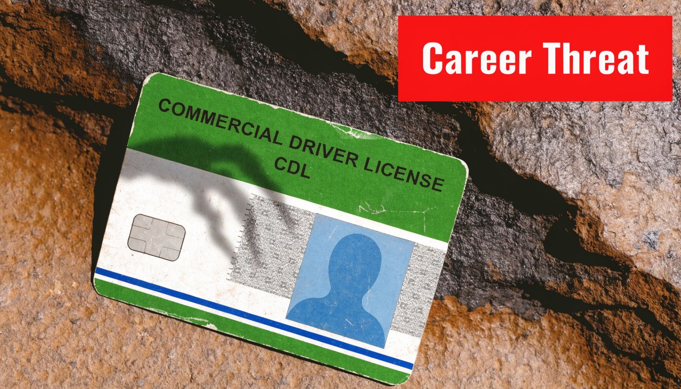 A commercial driver license placed on a rock surface with a red career threat warning label.