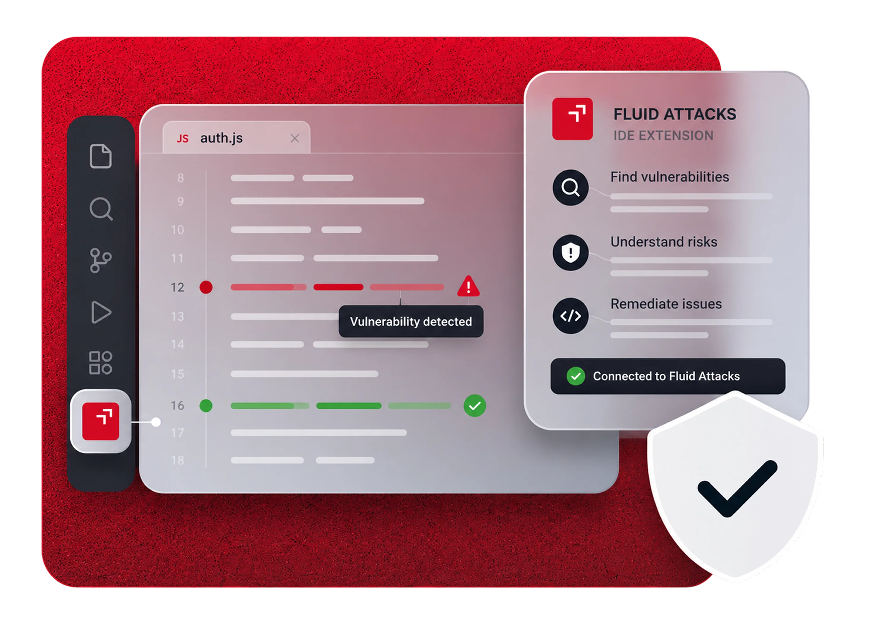 IDE extension illustration: Fluid Attacks flags a vulnerability in auth.js and offers to find, understand, and remediate it.