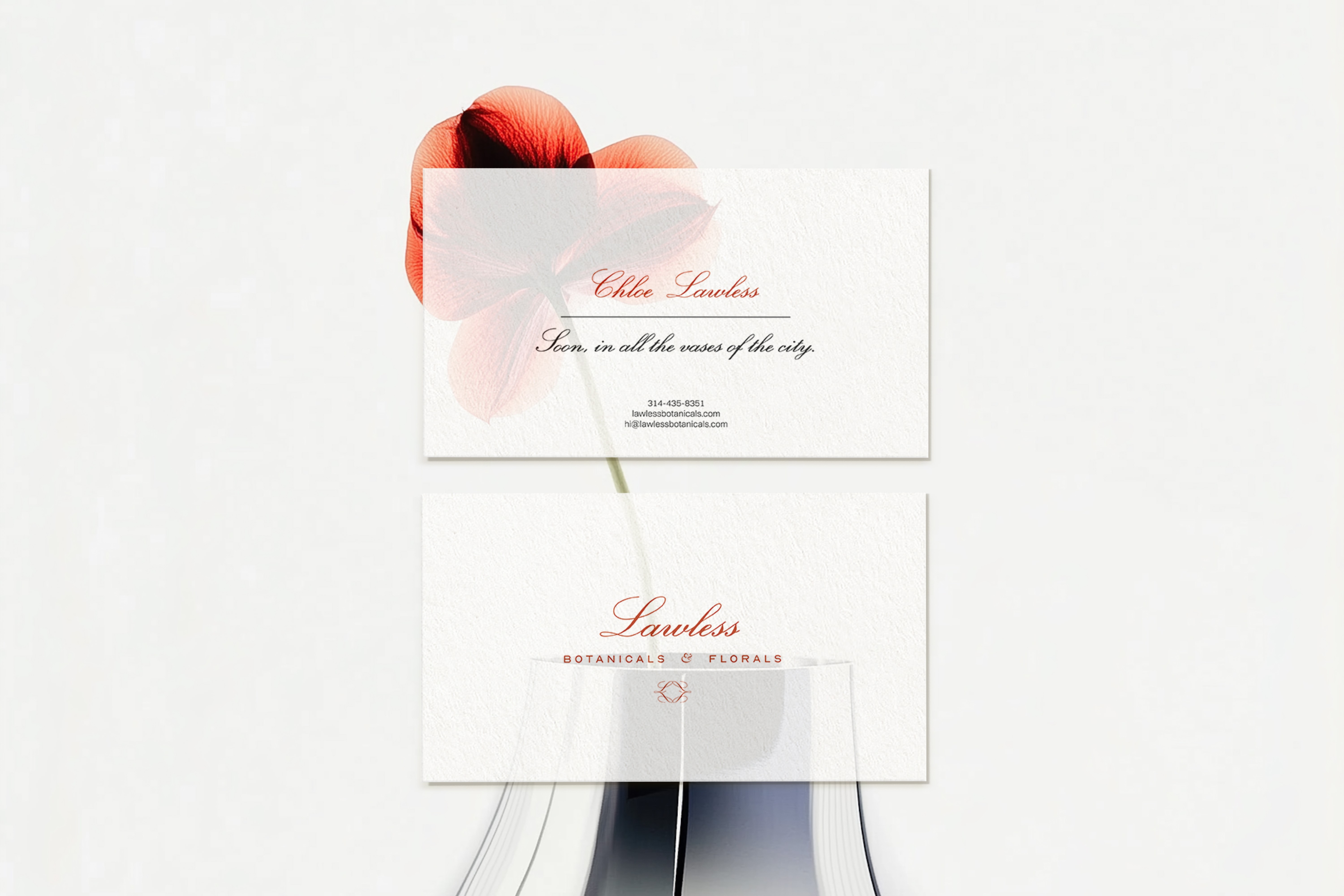Minimalist business card design for Lawless Botanicals & Florals, featuring refined typography and a subtle floral accent.