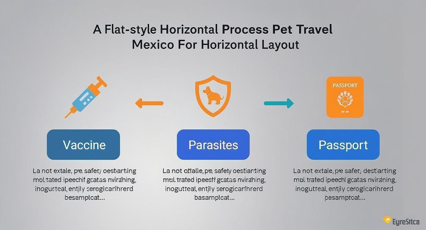 A flat-style horizontal flowchart showing three steps for pet travel to Mexico: Vaccine, Parasites, and Passport.