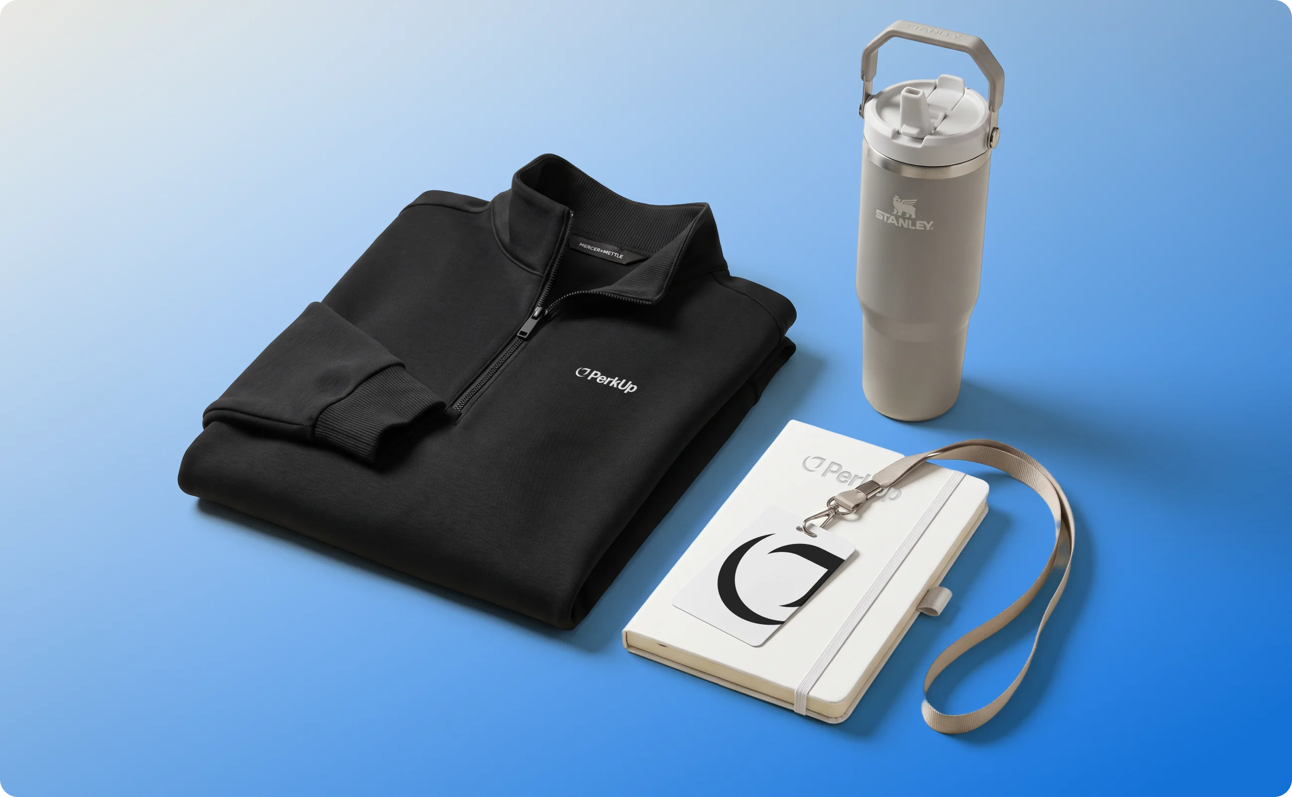 A jacket, a notebook, a lanyard, and a drinkware.