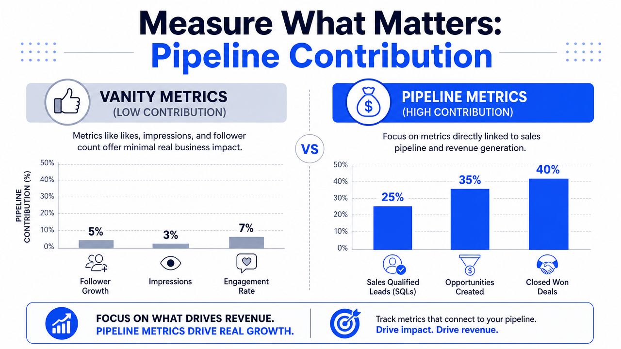 A comparison chart showing vanity metrics with low pipeline contribution versus pipeline metrics with high revenue contribution.