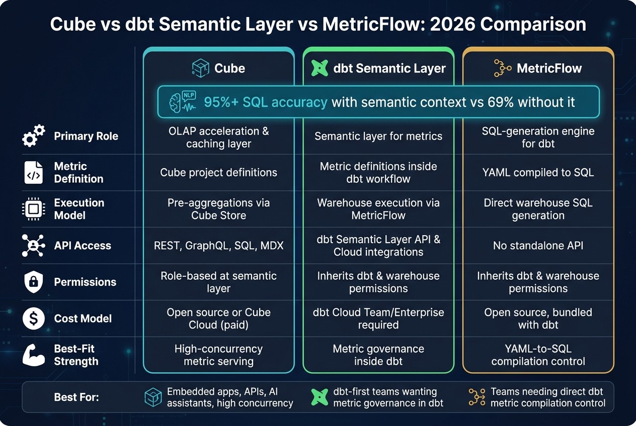 Cube vs dbt Semantic Layer vs MetricFlow: 2026 Comparison