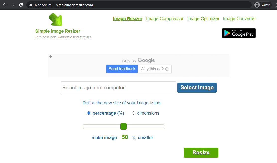 simple image resizer landing page