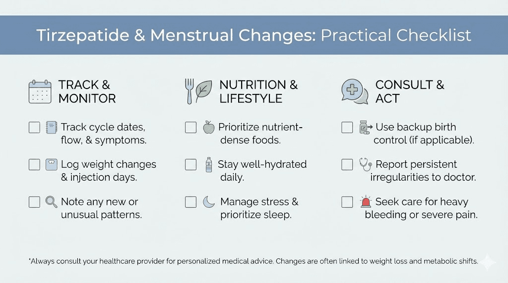 Checklist for managing period changes during tirzepatide treatment