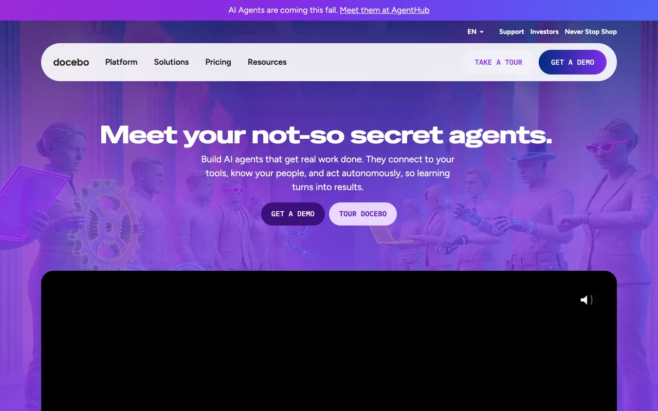 Docebo homepage, enterprise learning platform with AI content personalization