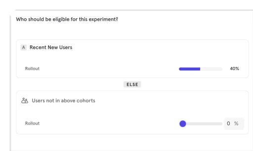 Experiment eligibility setup screen showing user rollout percentages for Recent New Users and other cohort exclusions. Visualizes multi-tenant architecture, user permissions and controls, and scalable analytics for safe experimentation, data security, and precise audience segmentation.