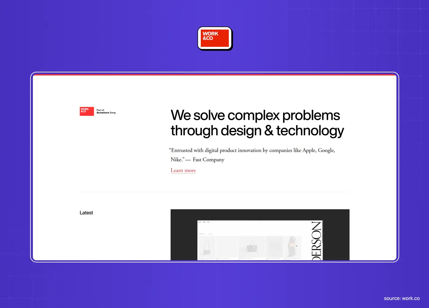 Homepage of Work & Co emphasizing digital product design and technology through a clean editorial-style layout. 
