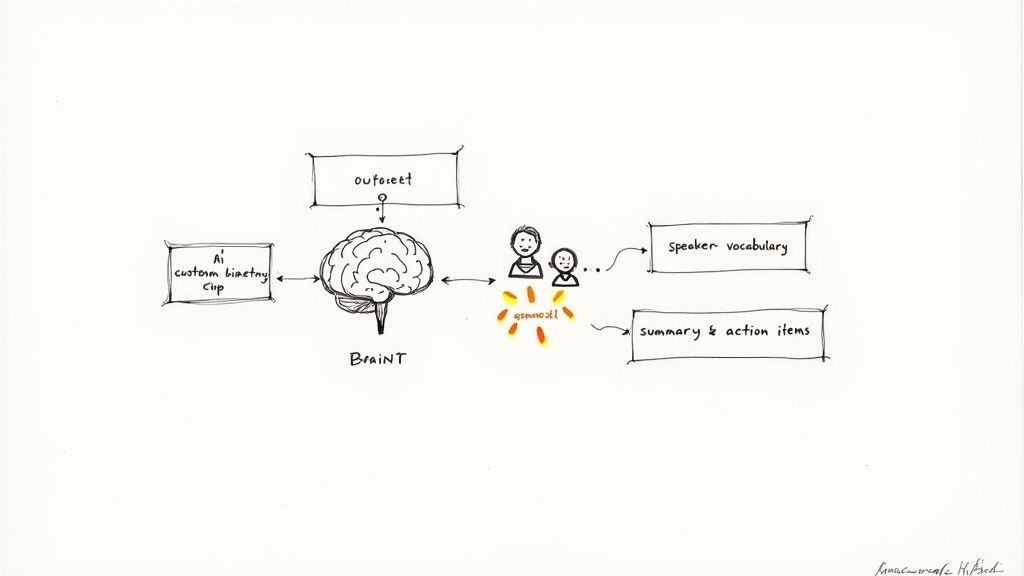 An abstract image showing AI data processing and sound waves transforming into text