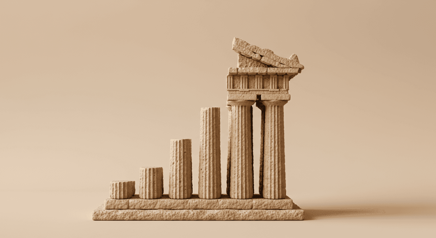 A textured marble sculpture of a bar chart, with ancient greek pillars representing each bar