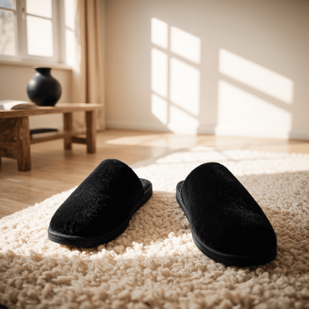 product photography of a pair of indoor slippers designed for comfort and ease of wear