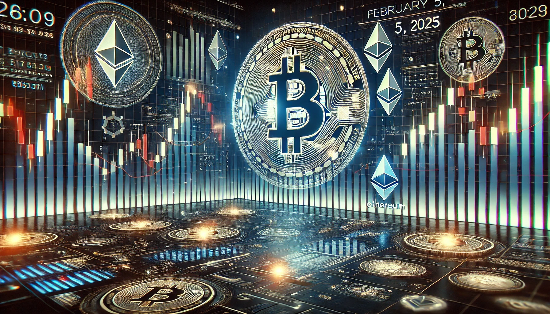 16:9 digital illustration of crypto market analysis for February 5, 2025, featuring glowing candlestick charts, technical indicators, and a futuristic financial background.