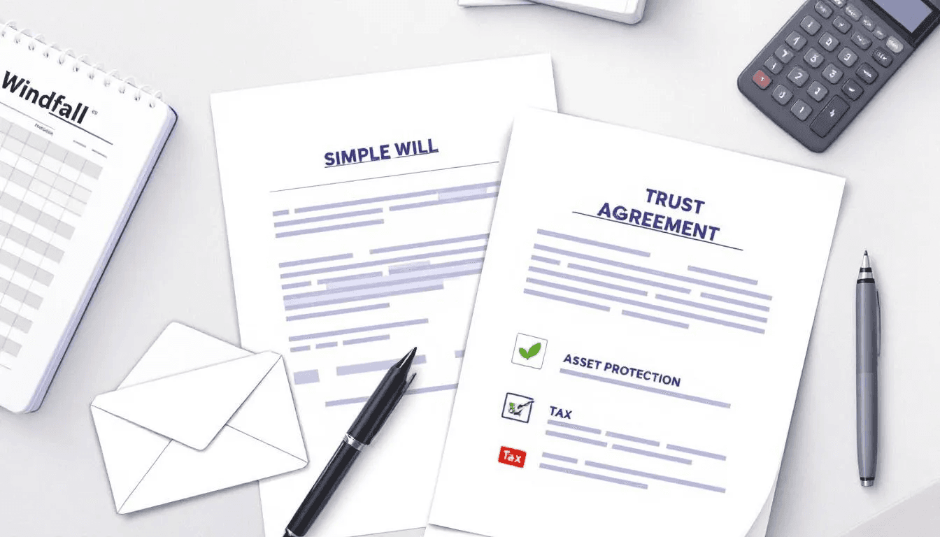 A visual representation of estate planning and asset protection related to windfall money.