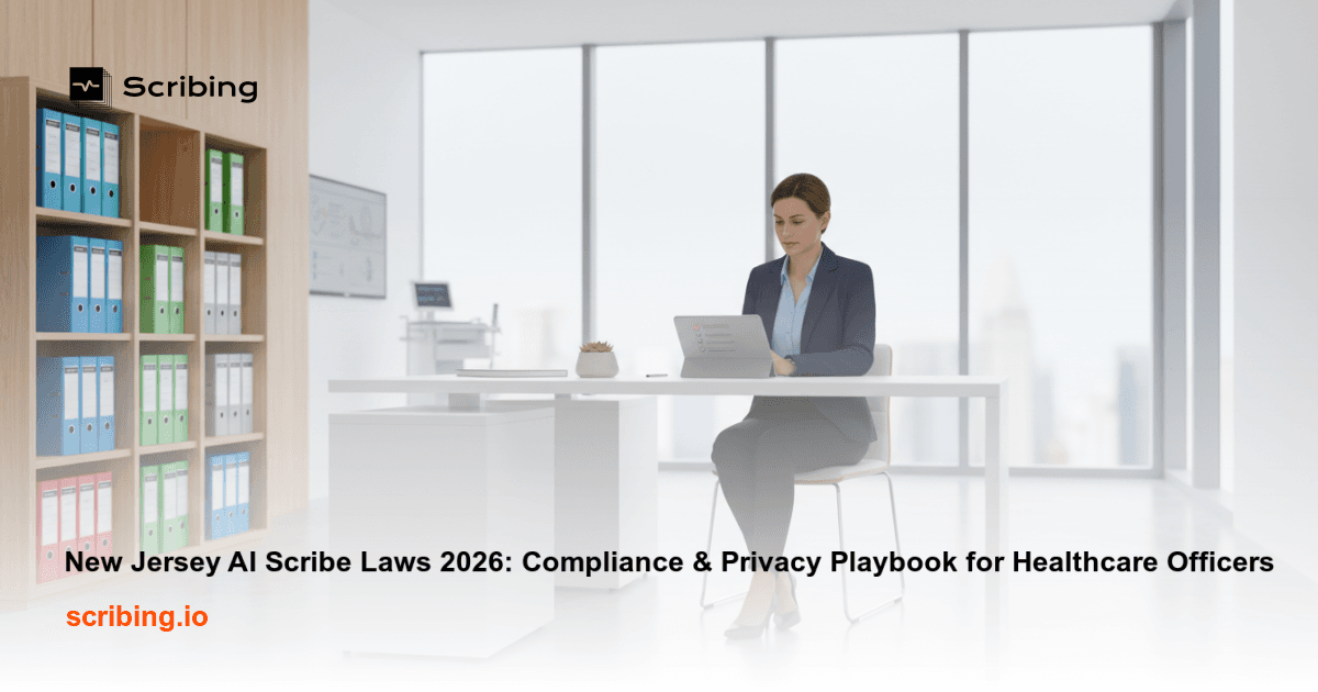Healthcare compliance office scene representing New Jersey AI scribe laws and clinical documentation regulations for 2026
