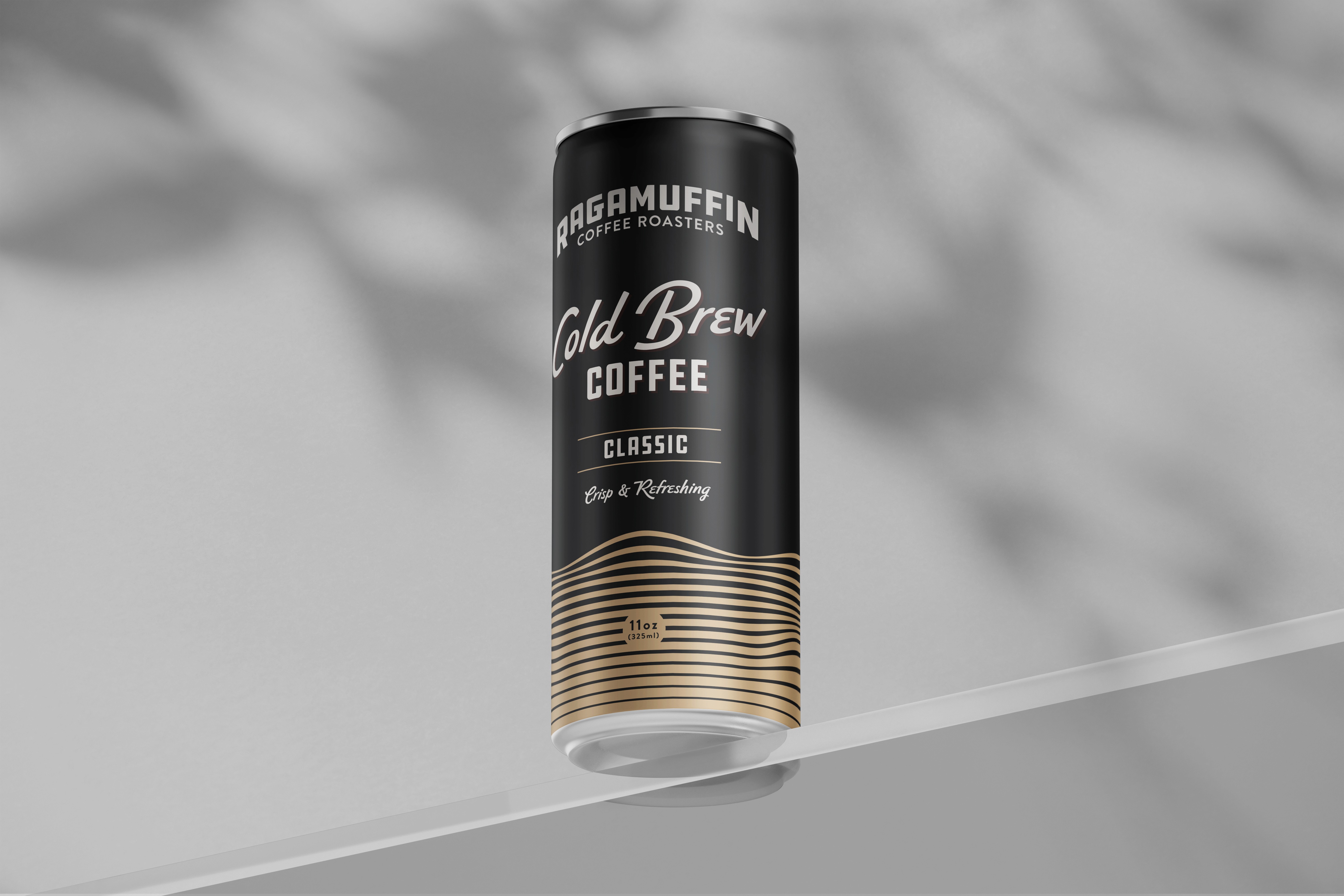 Ragamuffin cold brew can with gold pattern