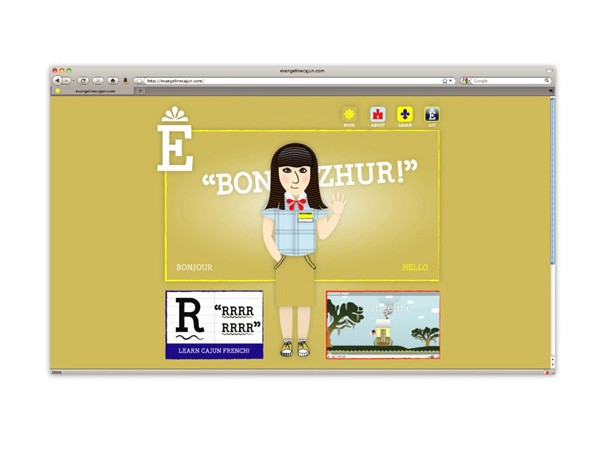 A screenshot of a computer screen displays a cartoon girl in a light blue short-sleeved shirt and khaki skirt, waving at the viewer. She has dark brown hair and is wearing a red bow in her hair. The background is light yellow-beige. The screen shows “E” in large white letters at the top left, and “BONZHUR!” in large white letters in the center. Below the girl are “BONJOUR” and “HELLO” in smaller white text. In the bottom left corner, a blue rectangle displays “RRRR RRRR” in black letters. Below that, a smaller white rectangle shows “LEARN CAJUN FRENCH!” in black letters. To the right, a small window displays a cartoon building and trees. Standard browser controls are visible at the top and bottom of the screen.