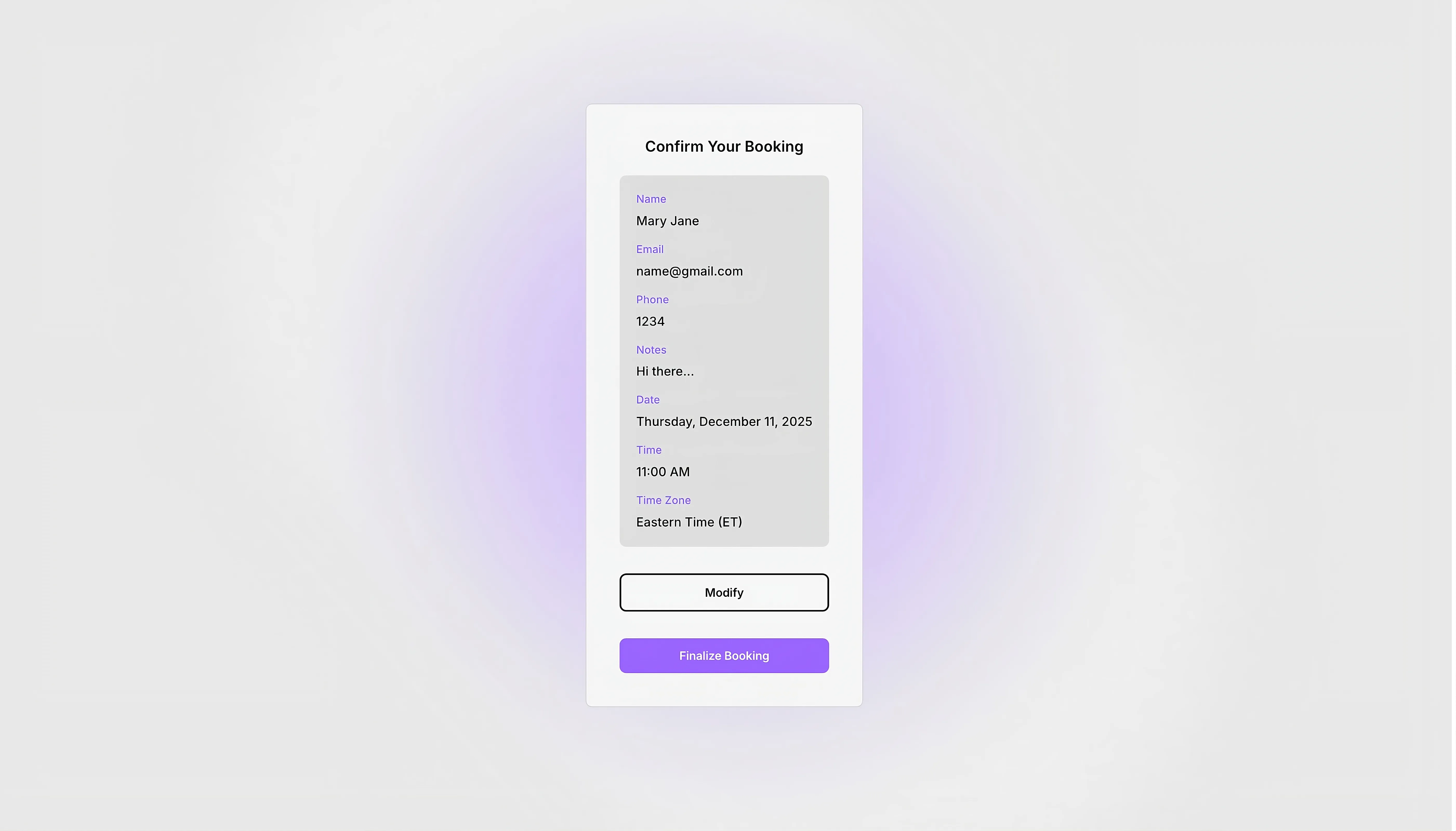 a light themed appointment confirmation interface