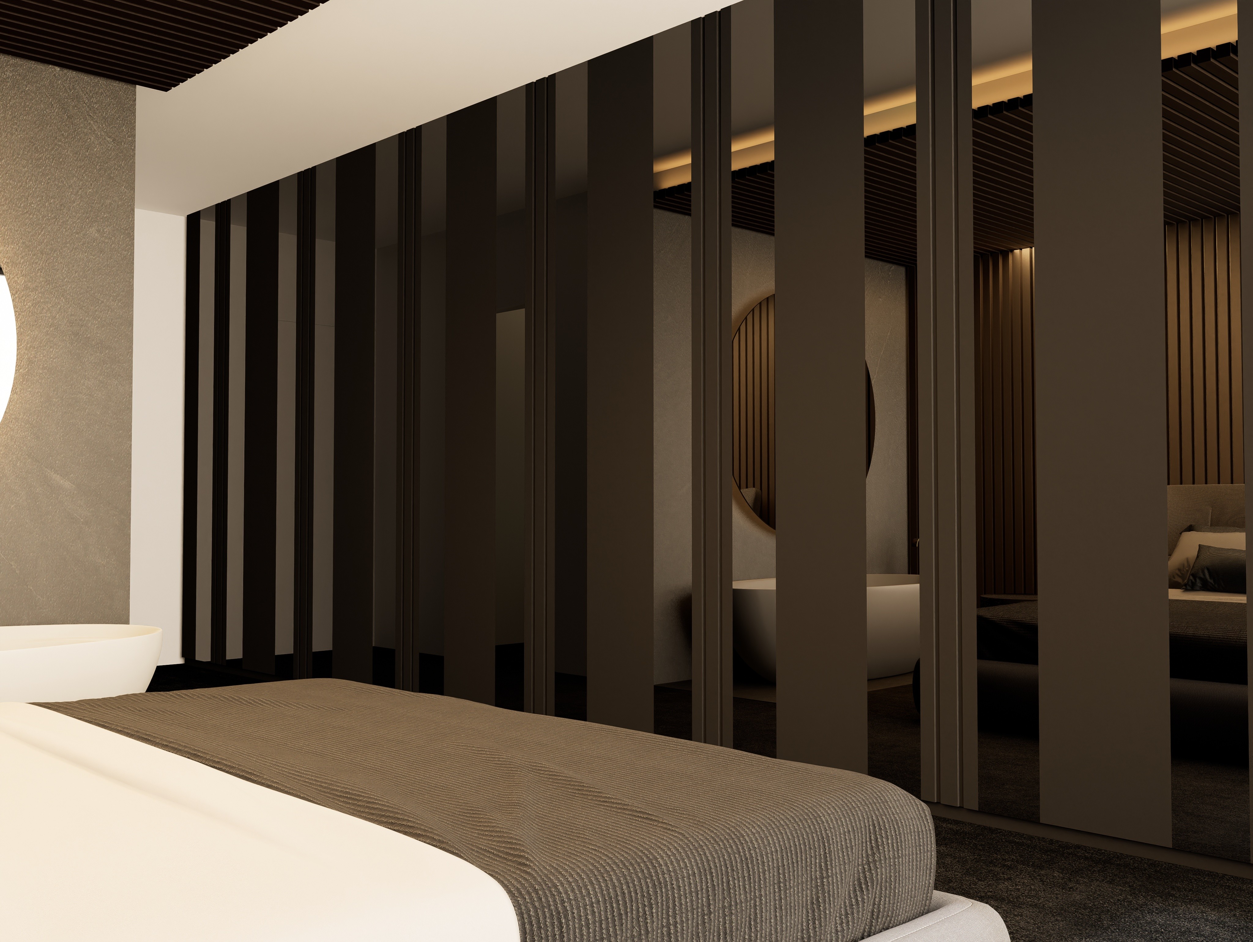 Modern master bedroom with integrated wellness area and custom fluted timber wall detailing in private residence in Nicosia, Cyprus