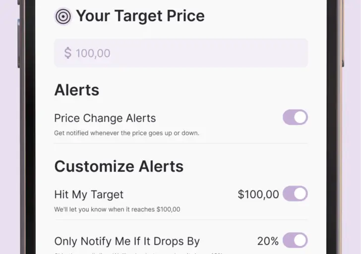 A screenshot of the Whisprice Target Price settings sheet showing a target price input set to $100, an Alerts section with "Price Change Alerts" toggled on, and a Customize Alerts section with "Hit My Target" set to $100 and "Only Notify Me If It Drops By" set to 20%.