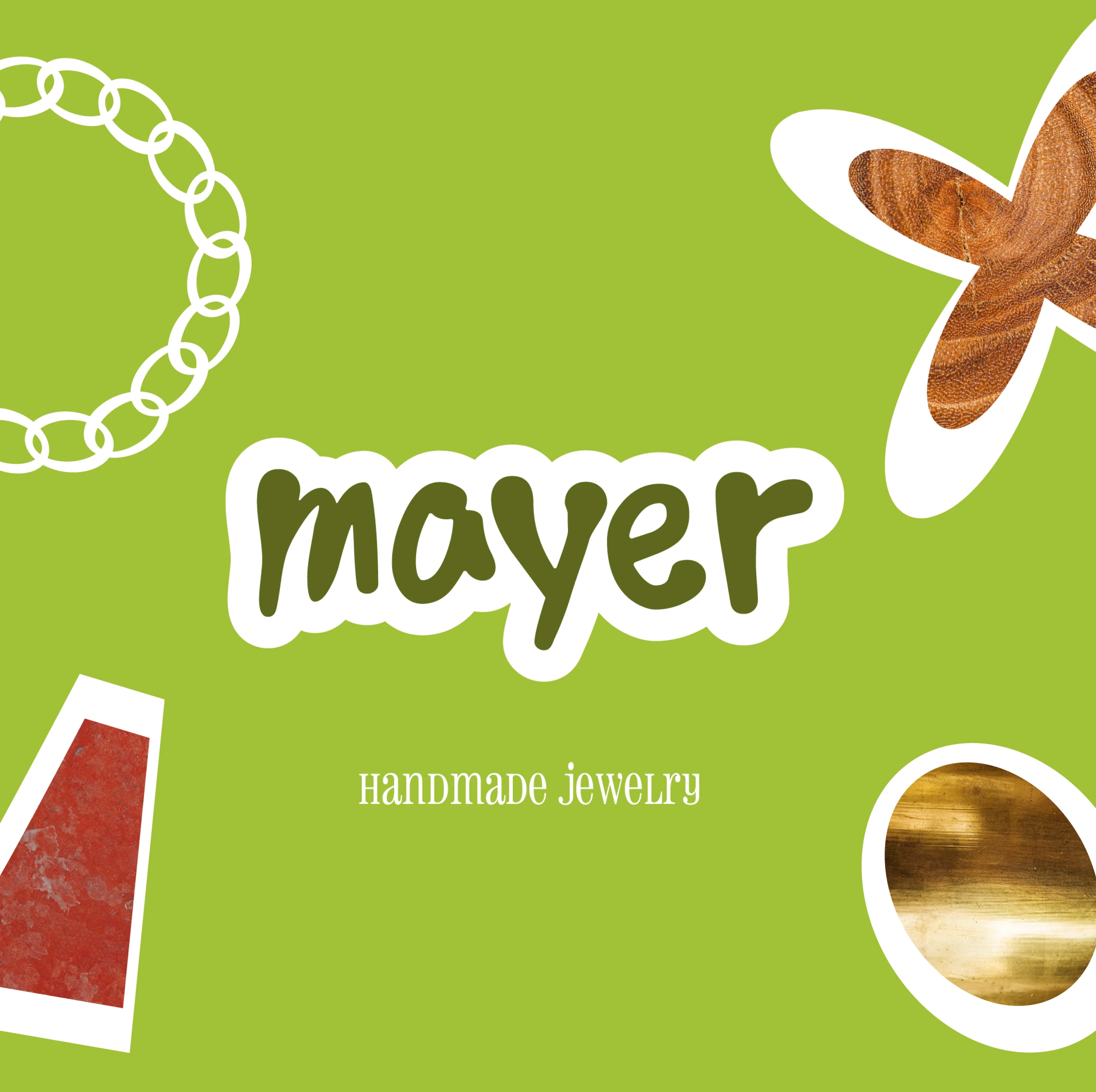 Éléments de branding Mayer Jewelry avec motifs collages et logo central. Identité visuelle pour marque de bijoux artisanaux.