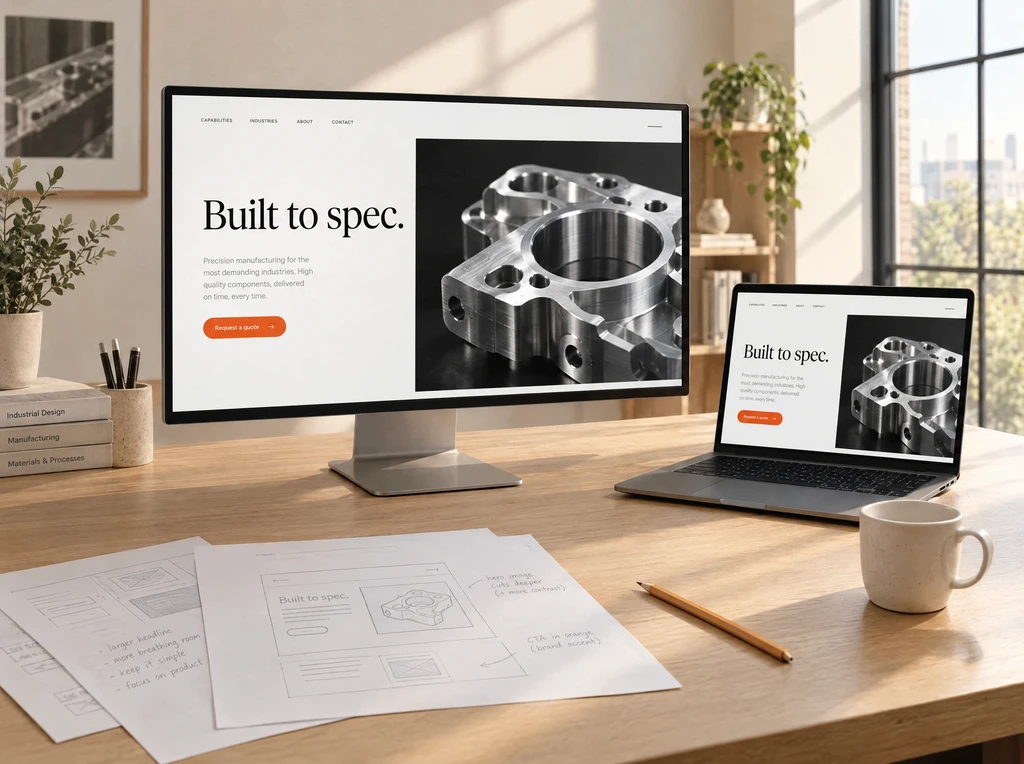A manufacturer website on a monitor and a laptop in a bright studio