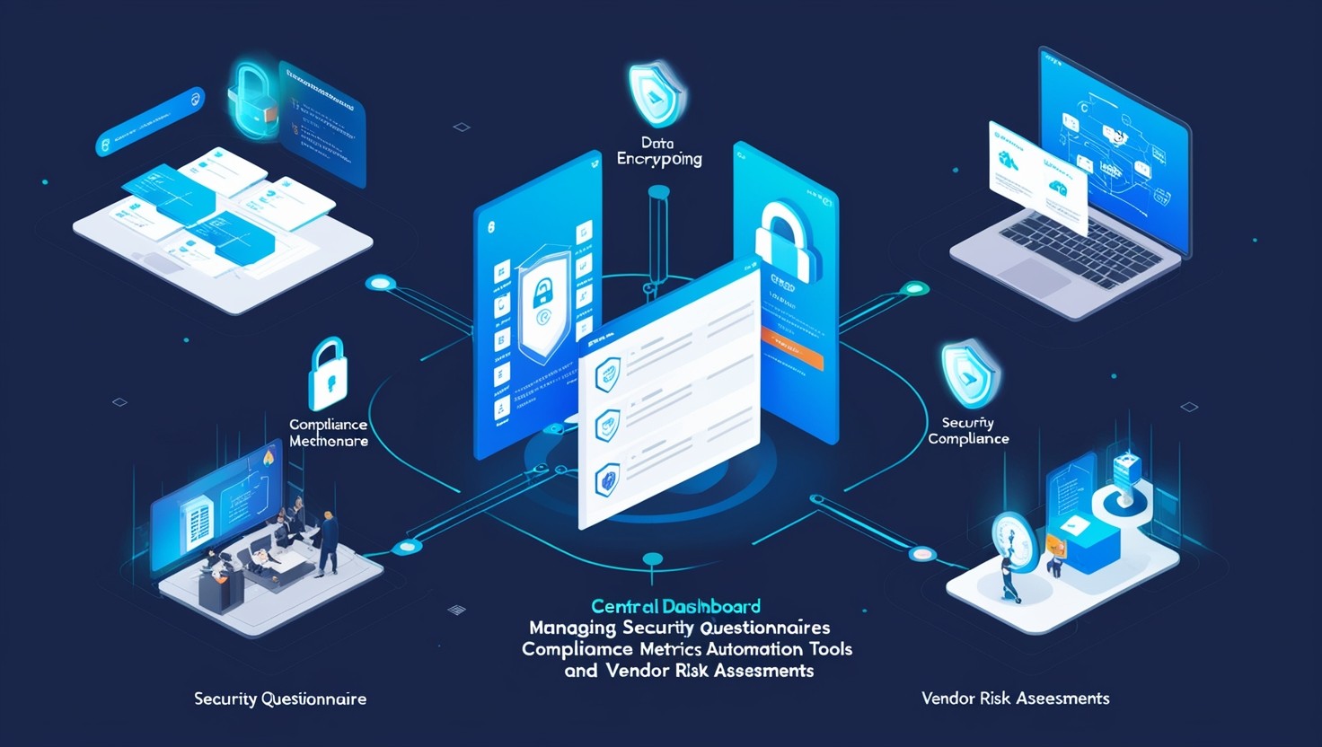 Central dashboard managing security questionnaires with compliance metrics, vendor risk assessments, and automation tools for seamless integration into business systems.