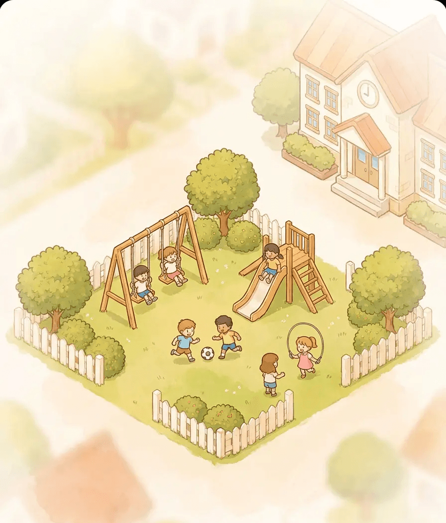 Illustration of a child care center with a yellow school bus parked outside