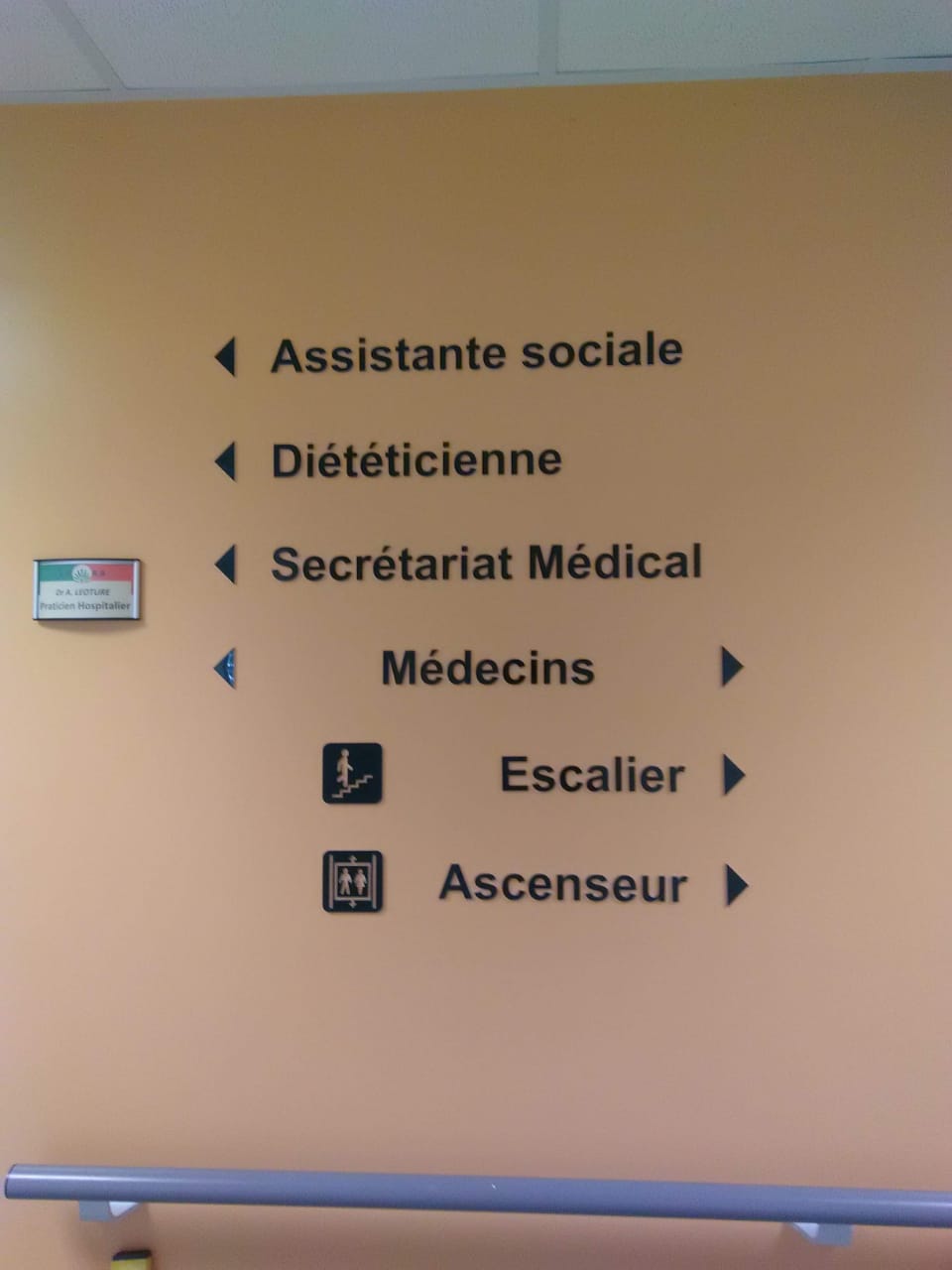 Mur avec panneaux indicateurs en français sur fond couleur pêche ; sections pour assistant social, diététicien, cabinet médical, médecins, escaliers et ascenseur.