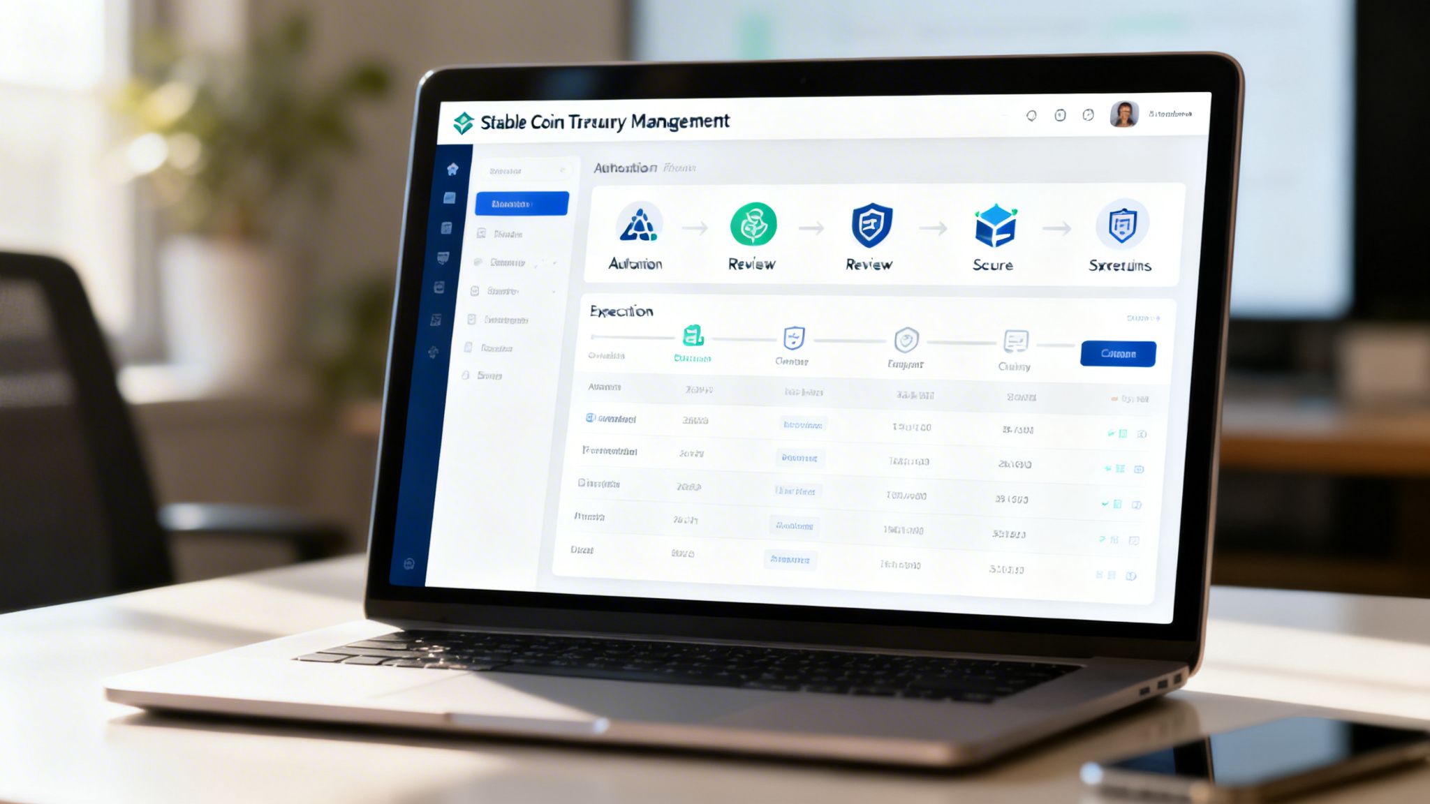 A laptop screen displaying a stablecoin treasury management dashboard with workflow stages and financial data tables.