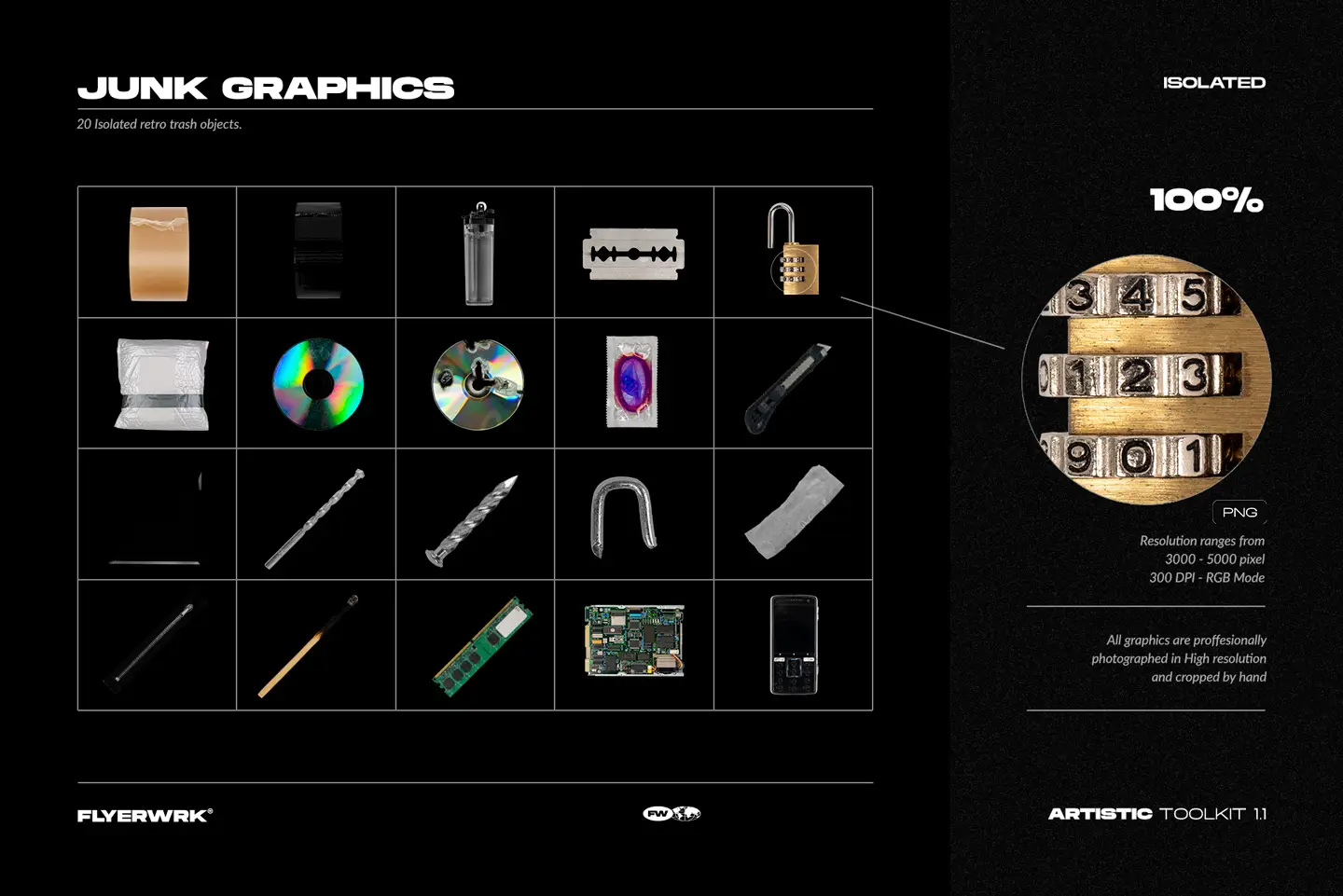 Artistic Toolkit 1 junk graphics pack featuring isolated retro objects like CDs lighters and electronic parts