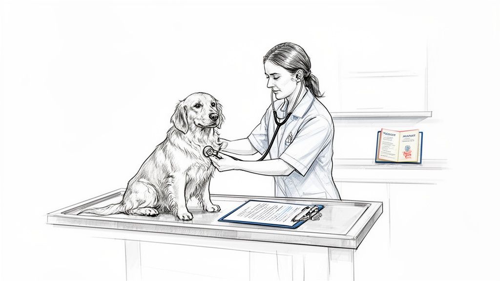 A veterinarian examines a Golden Retriever with a stethoscope on an examination table, with a pet passport nearby.