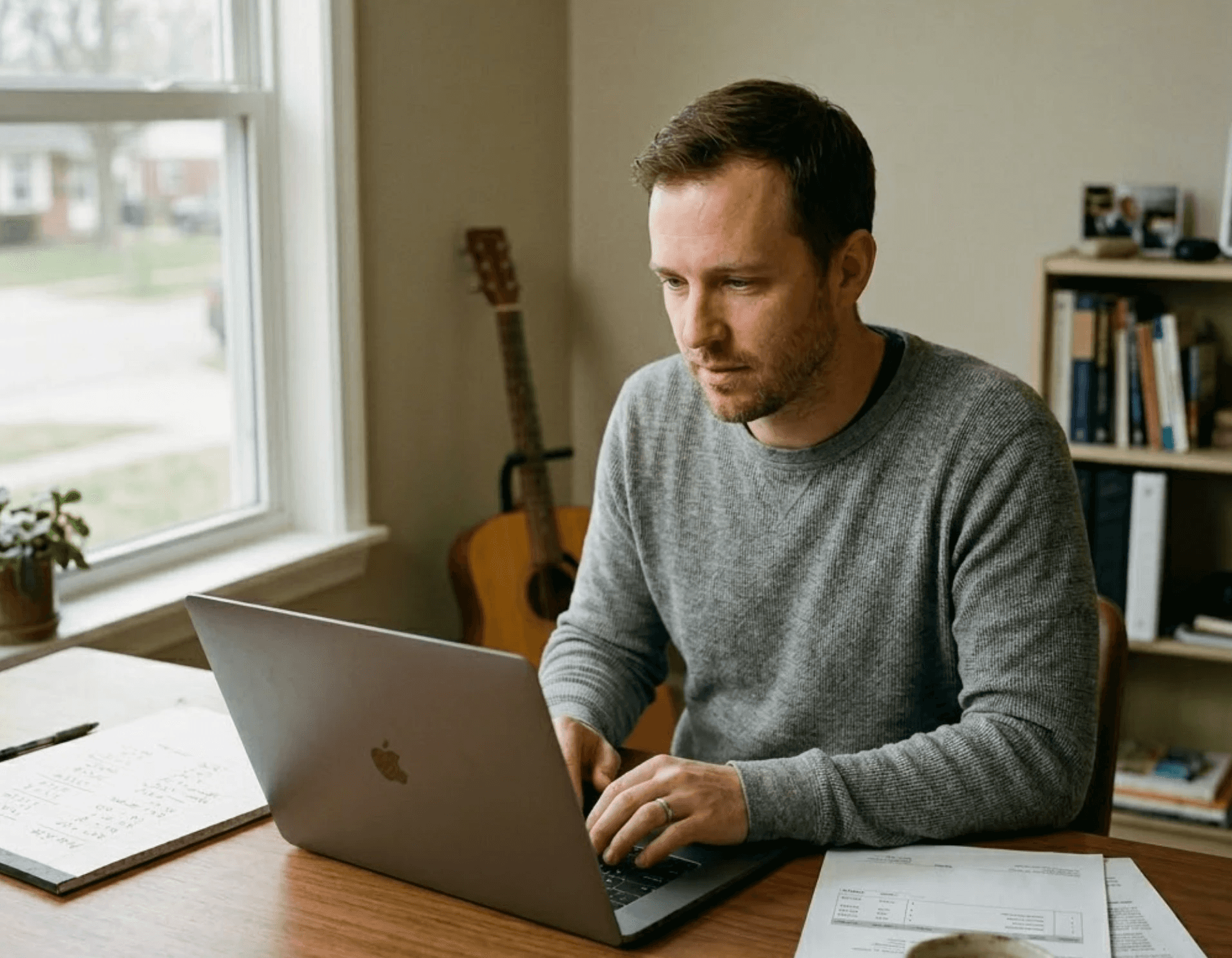 Smiling man sitting at a table with a laptop, phone, and coffee mug, engaged in a video call or online meeting.