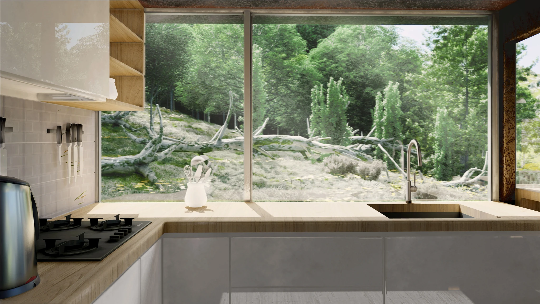 A spatious kitchen with a large window enframing a forest in a sunny day