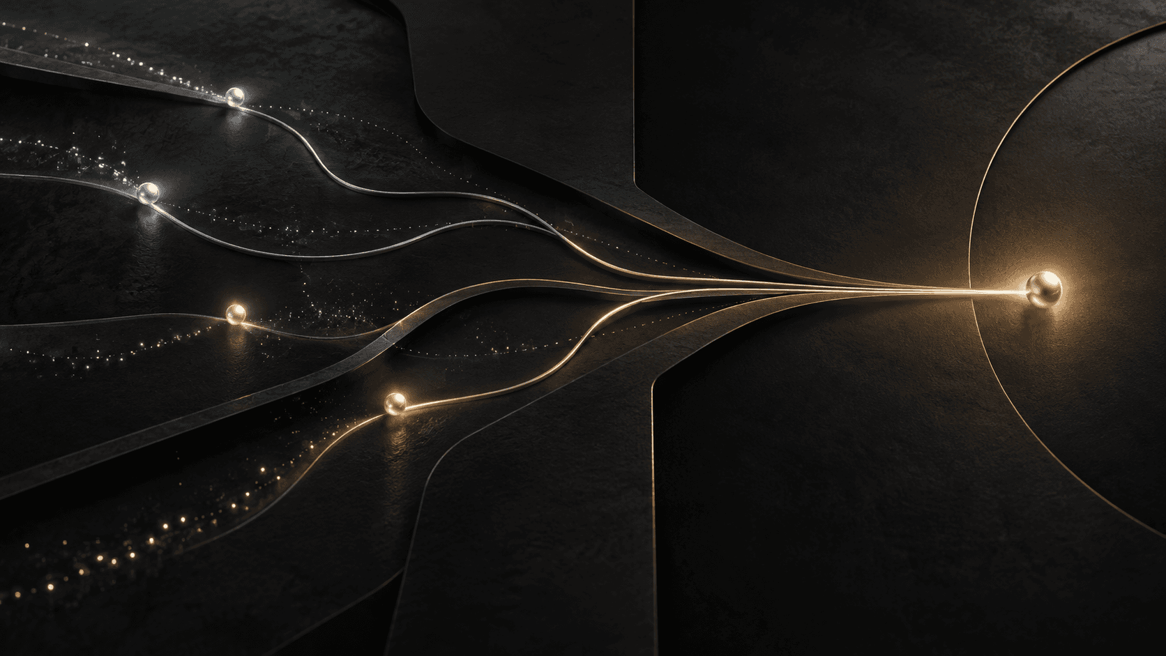 Several inquiry paths converge into a single illuminated point across dark graphite surfaces.
