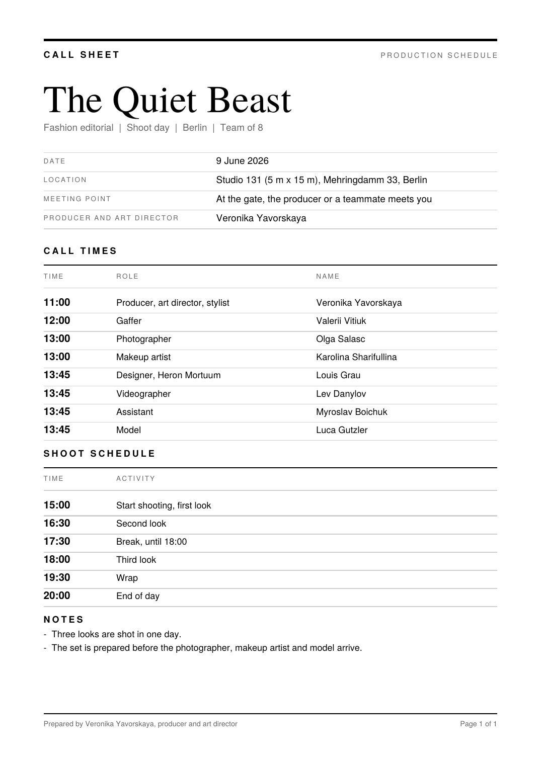 Call sheet for the shoot day, 9 June 2026